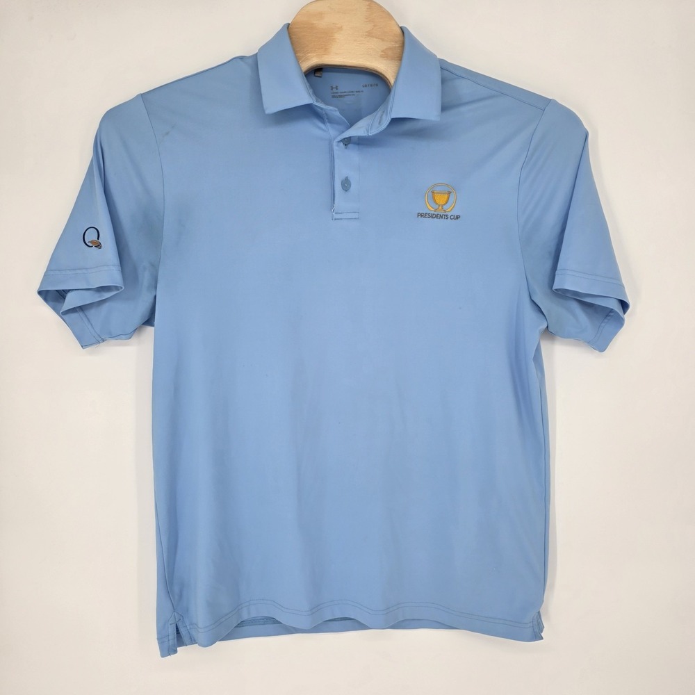 Under Armour Presidents Cup Polo Shirt Mens Large Blue Golf Quail Hollow Loose